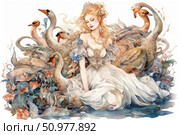 A magical watercolor illustration of a beautiful princess in a snow-white dress, surrounded by graceful swans. A fairy-tale atmosphere filled with tenderness, magic and natural harmony. A graceful girl with long blond hair and a tiara on her head radiates calmness and nobility. This painting is inspired by classic European fairy tales such as "The Wild Swans" or "Swan Lake". Suitable for book covers, prints, postcards, collections about fairy tales, fantasy and female beauty. Стоковое AI-изображение, AI-художник Анна Кривицкая / Фотобанк Лори
