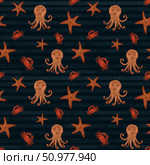 Explore Underwater Wonders with an Octopus, Crab, and Starfish Pattern, ideal for beach decor. Стоковая иллюстрация, иллюстратор Елена Захаревич / Фотобанк Лори