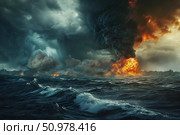 Massive firestorm over the ocean with dark smoke clouds, illustrating the catastrophic impact of natural disasters. For educational, environmental awareness, and emergency response materials. Стоковое AI-изображение, AI-художник Лариса Пономарева / Фотобанк Лори