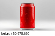 Red aluminum can with water drops isolated on grey background, blank beverage packaging mockup for branding, soda or energy drink product template. Стоковое AI-изображение, AI-художник Павел Муравьев / Фотобанк Лори