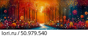 Enchanted Autumnal Forest Stream: A Vibrant Impressionist Painting of a Serene Woodland Path, Featuring Colorful Flowers and a Meandering Creek Under a Golden Sunset. Стоковое AI-изображение, AI-художник Данила Большаков / Фотобанк Лори