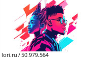 Dynamic Duo: A vibrant illustration of a young woman and man, profile view, against a bold geometric background. Стоковое AI-изображение, AI-художник Данила Большаков / Фотобанк Лори