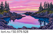 Serene Coastal Sunset Reflection: A Pink and Blue Haven. Стоковое AI-изображение, AI-художник Данила Большаков / Фотобанк Лори