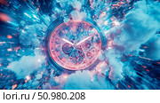 A Chronometer Soaring Through a Dynamic Cloudscape,Surrounded by a Burst of Light and Speed. Стоковое AI-изображение, AI-художник Данила Большаков / Фотобанк Лори