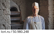 Senior baker wearing traditional apron, standing near wood fired oven in rustic bakery, embodying Turkish culinary heritage and artisan craftsmanship. Стоковое AI-видео, аниматор Данил Руденко / Фотобанк Лори