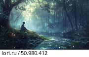 Lone person sits quietly on a mossy bank, surrounded by the ethereal glow of a sunlit mystical woodland. Стоковое AI-изображение, AI-художник Данила Большаков / Фотобанк Лори