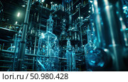 Various pipes of different sizes and materials clustered together in an indoor setting, indicating complex infrastructure and plumbing systems. Стоковое AI-изображение, AI-художник Данила Большаков / Фотобанк Лори