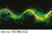 A glowing representation of a DNA molecule highlights the iconic double helix structure against a dark backdrop, symbolizing advanced genetic studies. Стоковое AI-изображение, AI-художник Данила Большаков / Фотобанк Лори