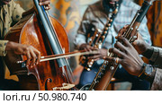 A group of individuals engaged in playing various musical instruments together, creating harmonious sounds in unison. Стоковое AI-изображение, AI-художник Данила Большаков / Фотобанк Лори