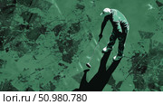 A man in a cap and golf attire prepares to putt on a frozen, icy surface with a putting iron in hand, casting a long shadow. Стоковое AI-изображение, AI-художник Данила Большаков / Фотобанк Лори