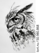 A black and white owl perched stoically on a tree branch, showcasing its sharp talons and intense gaze. Стоковое AI-изображение, AI-художник Данила Большаков / Фотобанк Лори