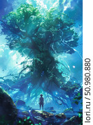 A person stands dwarfed by an enormous, vibrant tree in the heart of a sunlit forest, suggesting a moment of awe and exploration. Стоковое AI-изображение, AI-художник Данила Большаков / Фотобанк Лори