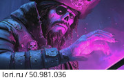 An eerie pirate casts powerful magic surrounded by mystical energy and stormy skies in a striking, colorful world filled with danger. Стоковое AI-видео, аниматор Данила Большаков / Фотобанк Лори