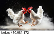 Two white roosters leap mid-air in dramatic motion, facing off in a dynamic confrontation against a dark background, feathers and dust flying with intense energy. Стоковое AI-изображение, AI-художник Катерина Бондарец / Фотобанк Лори