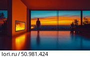 Silhouette of a person gazing at a breathtaking sunset over a sprawling cityscape from a modern home with a fireplace. Стоковое AI-изображение, AI-художник Данила Большаков / Фотобанк Лори