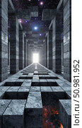 An abstract spatial corridor with galactic views and vertical architectural forms. Стоковое AI-изображение, AI-художник Анастасия Пальчикова / Фотобанк Лори