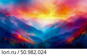 Enchanted Mountain Range at Sunset: A vibrant digital painting of a majestic mountain range bathed in the warm hues of a breathtaking sunset, showcasing a spectrum of colors from deep blues and purpl. Стоковое AI-изображение, AI-художник Данила Большаков / Фотобанк Лори