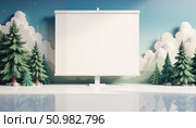 Blank projector screen mockup in cartoon forest scene / Пустой макет проекционного экрана в мультяшной лесной сцене. Стоковое AI-изображение, AI-художник DeFusum / Фотобанк Лори