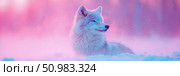 Arctic Wolf in Dreamlike Pink and Blue Winter Landscape: A Serene Wildlife Scene. Стоковое AI-изображение, AI-художник Данила Большаков / Фотобанк Лори
