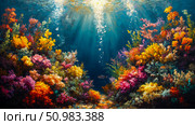 Submerged Eden: A Vibrant Underwater Seascape Illuminated by Sunbeams. Стоковое AI-изображение, AI-художник Данила Большаков / Фотобанк Лори