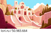 Illustration of a Grand Terraced Monastery or Historic Adobe Building Nestled in Sun-Drenched Desert Mountains with Extensive Staircases. Стоковое AI-изображение, AI-художник Данила Большаков / Фотобанк Лори