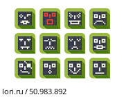 Vector set of simple pixels square icons. Collection of different emotional funny faces. Robot emotions. Stickers or badges. Pixel art. Isolated logos. Smile, sad, wink, angry, pirate and indifferent. Стоковая иллюстрация, иллюстратор GAlexS / Фотобанк Лори
