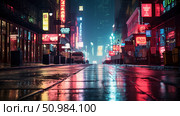Vibrant city street glistens after rain with neon reflections and empty roads at night. Стоковое AI-изображение, AI-художник Екатерина Красникова / Фотобанк Лори