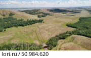 Bannoe Center, Russian Federation - July 27, 2025: Expansive golden grassland landscape under a bright blue sky with fluffy clouds and distant mountains, showcasing the beauty of nature and tranquility. Редакционное видео, видеограф Ирина Ручушкина / Фотобанк Лори