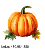 An orange, ripe pumpkin on a white background. autumn vegetable.  artificial intelligence generator, AI, neural network image. background for the design. Стоковое AI-изображение, AI-художник Алёна Мостович / Фотобанк Лори