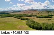 Bannoe Center, Russian Federation - July 27, 2025: Expansive aerial view of lush green forest and rolling hills under bright blue sky showcasing natural beauty and tranquility. Редакционное видео, видеограф Ирина Ручушкина / Фотобанк Лори