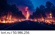 Dramatic night view of raging forest fire engulfing trees along desolate highway, with towering vortex of flames and thick smoke rising into the dark sky. Стоковое AI-изображение, AI-художник Данила Большаков / Фотобанк Лори
