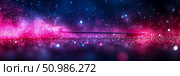 Energetic arrow resting on shimmering glitter surface, bathed in vibrant cosmic explosion of pink, purple and blue light with dazzling particles and bokeh. Стоковое AI-изображение, AI-художник Данила Большаков / Фотобанк Лори