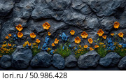 Vivid Orange and Blue Wildflowers and Lush Greenery Thriving in the Deep Crevices of Textured Dark Gray Stone Wall and Rugged Boulders. Стоковое AI-изображение, AI-художник Данила Большаков / Фотобанк Лори