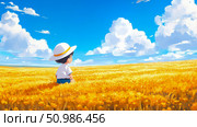 A small child in wide-brimmed hat sits contemplatively amidst expansive golden field under brilliant blue sky dotted with fluffy white clouds, embodying childhood innocence and the vast beauty of nature on sunny summer day. Стоковое AI-изображение, AI-художник Данила Большаков / Фотобанк Лори