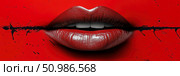 Intense Close-Up of Dark Red Lips Parted, Intersected by Gritty Black Line with Bleeding Splatters, Against Bold Crimson Backdrop, Symbolizing Passion and Edge. Стоковое AI-изображение, AI-художник Данила Большаков / Фотобанк Лори
