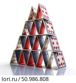 A Precarious House of Cards Structure Built on a White Background. Generative AI. Стоковое AI-изображение, AI-художник Roman Zavorotny / Фотобанк Лори