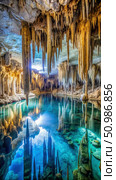 Stunning View of Sac Ac tun Caves Submerged Stalactites in Mexico. Generative AI. Стоковое AI-изображение, AI-художник Roman Zavorotny / Фотобанк Лори