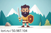 Stylized Flat Design Male Character Equipped with Sword and Shield Against Bright Blue Mountainous Winter Landscape. Стоковое AI-изображение, AI-художник Данила Большаков / Фотобанк Лори