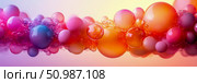 Vibrant gradient of floating abstract spherical bubbles and matte spheres in colorful fluid stream, transitioning from cool purples to warm oranges. Стоковое AI-изображение, AI-художник Данила Большаков / Фотобанк Лори