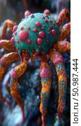 Captivating macro depiction of fantastical, possibly extraterrestrial arthropod, showcasing its textured teal body with striking pink protrusions, glowing orange bioluminescence, and highly detailed, segmented limbs in vibrant, otherworldly palette. Стоковое AI-изображение, AI-художник Данила Большаков / Фотобанк Лори