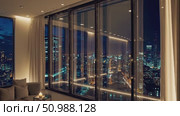 Spacious penthouse interior revealing panoramic nighttime city view, featuring plush seating, ambient illumination, expansive glass walls framing glowing urban landscape. Стоковое AI-видео, аниматор Данил Руденко / Фотобанк Лори