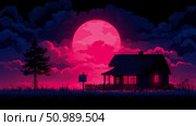 Nightfall House for Sale: A digital illustration of a quaint house silhouetted against a vibrant pink moon and dark clouds, with a For Sale sign in the foreground. Стоковое AI-изображение, AI-художник Данила Большаков / Фотобанк Лори