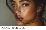 Close-up on model showcasing flawless makeup and natural beauty in studio lighting. Стоковое AI-видео, аниматор Сергей Толмачёв / Фотобанк Лори
