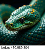 Close-up of vibrant green snake with shiny scales on dark background. Стоковое AI-изображение, AI-художник Александра Рублева / Фотобанк Лори