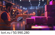 Worker uses tablet to manage inventory in a busy warehouse during the evening shift. Стоковое AI-видео, аниматор Сергей Толмачёв / Фотобанк Лори