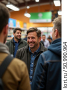 A group of friends shares a lighthearted moment in a bustling hypermarket, smiles and laughter filling the air while they enjoy their shopping experience Generative AI. Стоковое AI-изображение, AI-художник Юлия Петровская / Фотобанк Лори