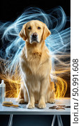 Golden retriever posing on grooming table with light trails effect. Стоковое фото, фотограф Юрий Поздников / Фотобанк Лори