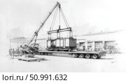 Mobile crane lifting heavy equipment onto flatbed trailer in industrial setting. Стоковое фото, фотограф Юрий Поздников / Фотобанк Лори