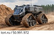 Futuristic tracked vehicle driving on muddy terrain. Стоковое фото, фотограф Юрий Поздников / Фотобанк Лори