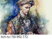 Watercolor portrait of a young man in a historical costume. He is dressed in 18th century clothes with checkered elements, a tie and a brooch. On his head is a turban or a beret with a Scottish-style pattern. Soft color transitions and expressive watercolor technique give the image nobility and the atmosphere of a bygone era. The work is suitable for the themes of historical fashion, art illustration and retro style. Стоковое AI-изображение, AI-художник Анна Кривицкая / Фотобанк Лори